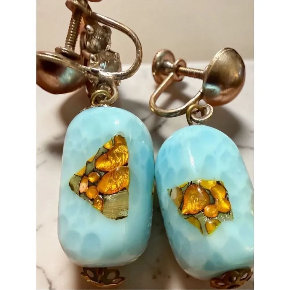 VTG Murano Glass Dangle Screwback Earrings Inlaid w/ Gold Foil Flakes Mid Cent